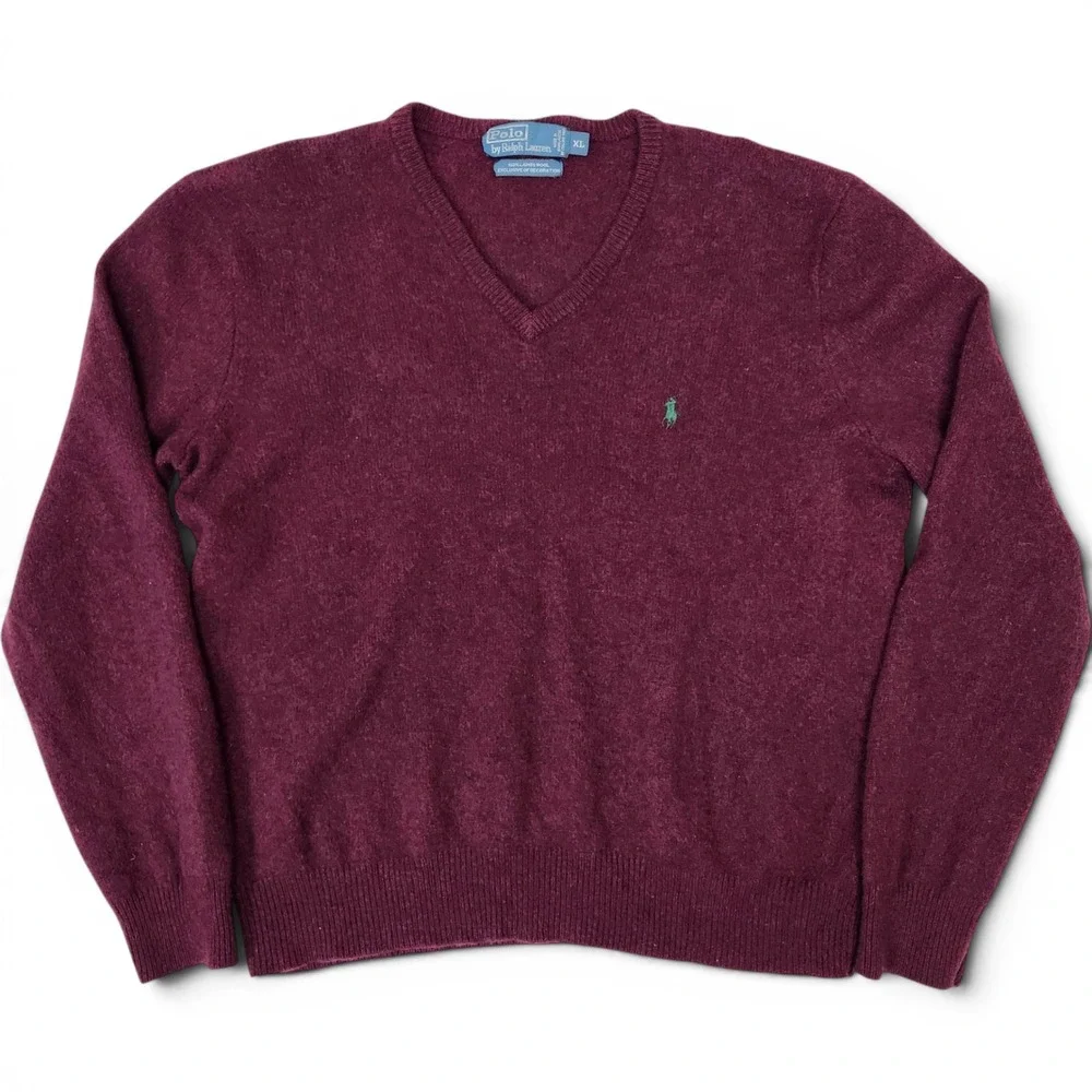 Polo Ralph Lauren 100% Lambswool Sweater Burgundy V Neck Green Pony Knit XL